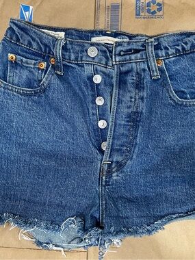 Levi’s Ribcage Straight Button-Fly Blue Denim Cutoff Shorts
